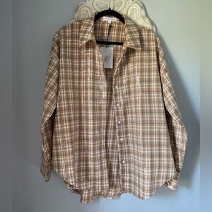 Gray Lab Tan Plaid Sequin Shirt